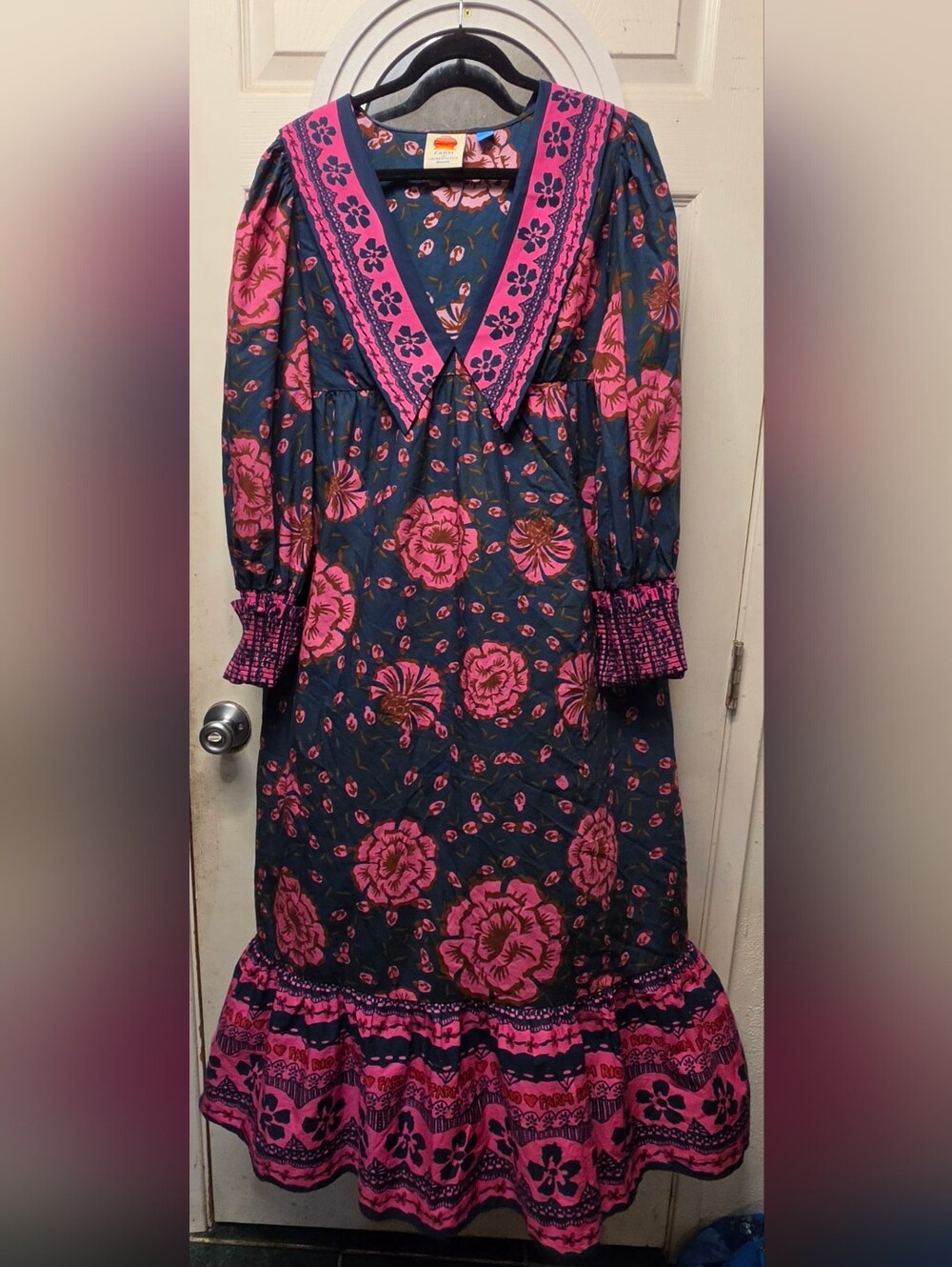 FARM Rio Navy Maxi Dress with Pink Floral Trim